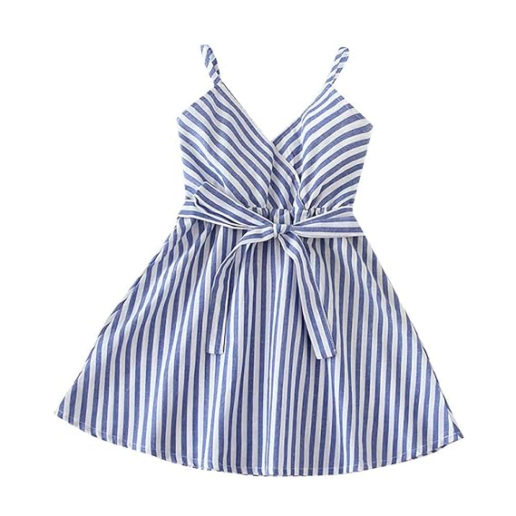 Hopscotch Baby Girls Cotton Sleeveless Vertical Stripes Casual Dress in Blue Color