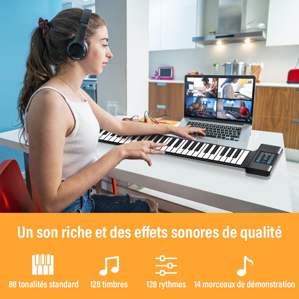 Piano enroulable portable à 88 touches avec Bluetooth MIDI avec 128 tons et rythmes, support de clavier de piano enroulable alimentation externe pour débutant, enfant, adulte, cadeau de Noël ou