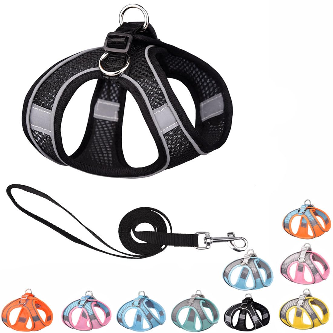 Black Puppy Dog Harness with Leash, No-Pull Cat Harness for Easy Walk, Breathable Mesh Reflective Tiny Dog Vest for XXS Xs Small Medium Breed Pet Dogs
