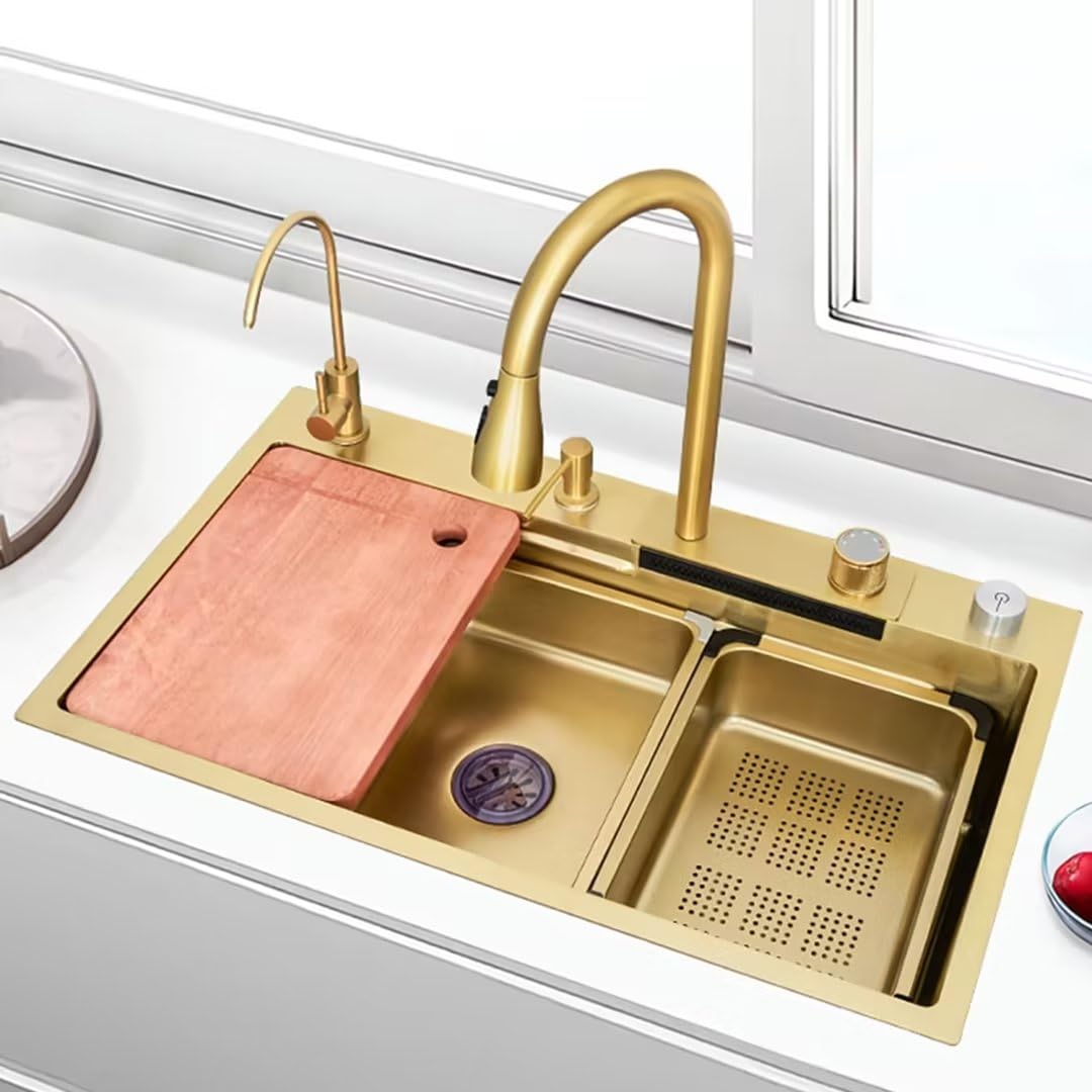 Aioneer Gold Kitchen Sink, New Stainless Steel Waterfall Sink, Bar Sink, Workstation Bar Sink With Pull-Out Tap, Chopping Board, Soap Dispenser-75-45cm Gold
