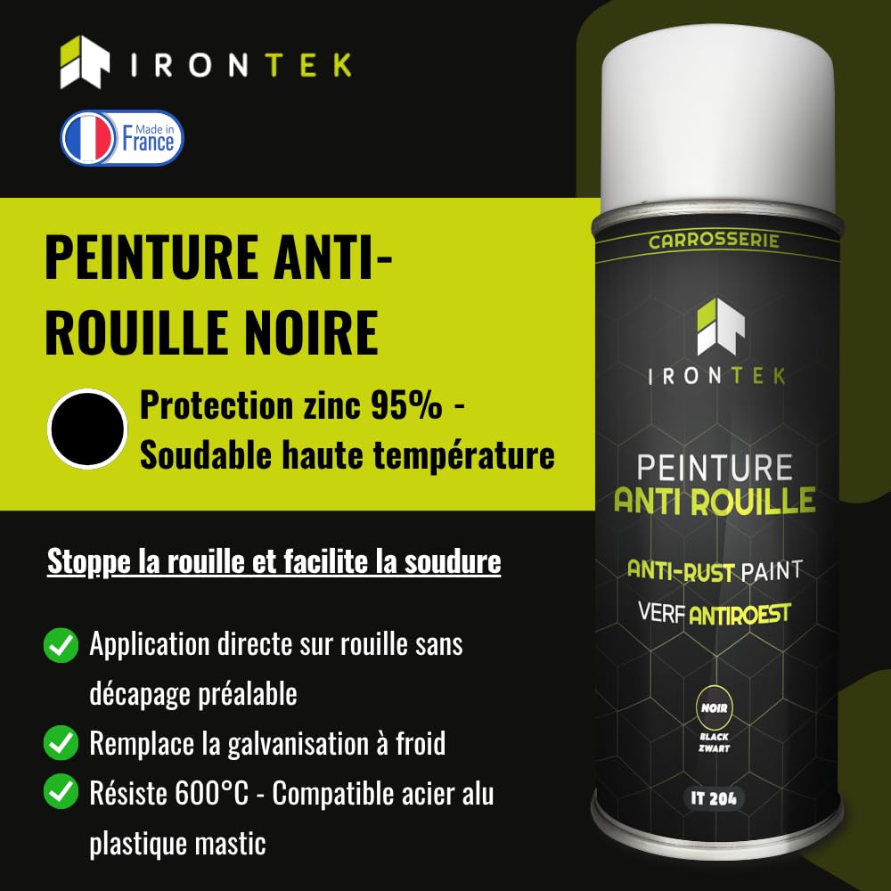 Peinture Antirouille Noir 400ml - IRONTEK | IT204 | Protection Fer Acier | Séchage Rapide 15min | Haute Adhérence | Auto Moto | Convertisseur de Rouille immédiat