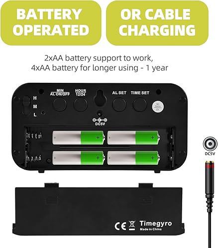 Miniatura 4 de Reloj digital con pilas, reloj despertador con pantalla LED para dormitorio, incluye cable de CC, brillo ajustable, repetición, 1224 horas
