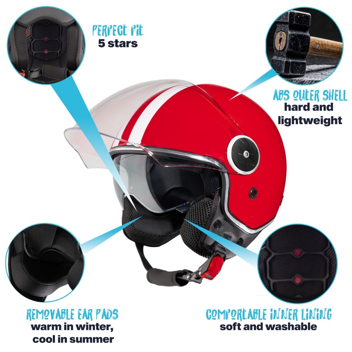 VINZ Arenas Jethelm mit Doppelvisier | Roller Helm mit Streifen & mit Sonnenblende | In Gr. XS-XXL | ECE 22.06 Zertifiziert | Motorradhelm mit Visier | Viele Farben Erhältlich