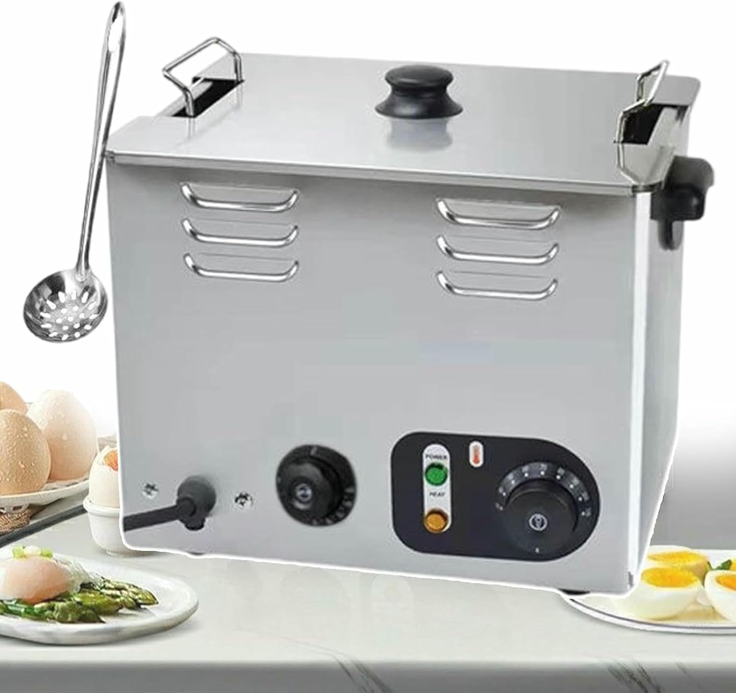 Electric Egg Kettle with Timer and Thermostat of 30 to 110 ° C, with Mesh and Strainer for Commercial and Domestic Use, Large Capacity for 45 Eggs, Single Button Switch ~/