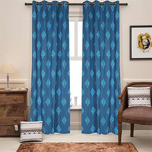 SOUMYA Floral Printed Solid Cotton Long Door Curtain (9 ft, Blue)