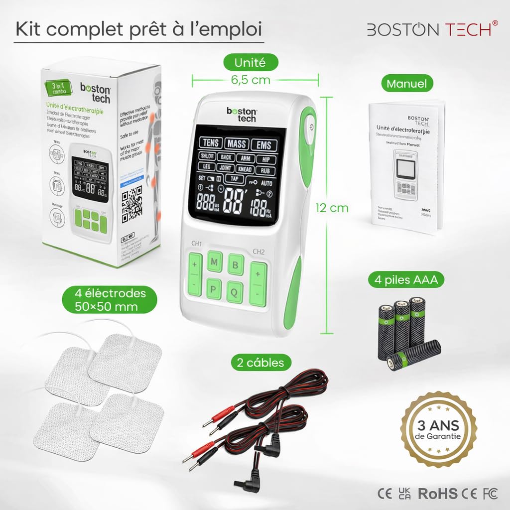 Boston Tech® Stimulateur musculaire 3 en 1 avec fonctions TENS/EMS/massage | 2 canaux, 36 programmes à intensité réglable, 4 électrodes. Soulage, réhabilite et renforce les muscles. Piles incluses.