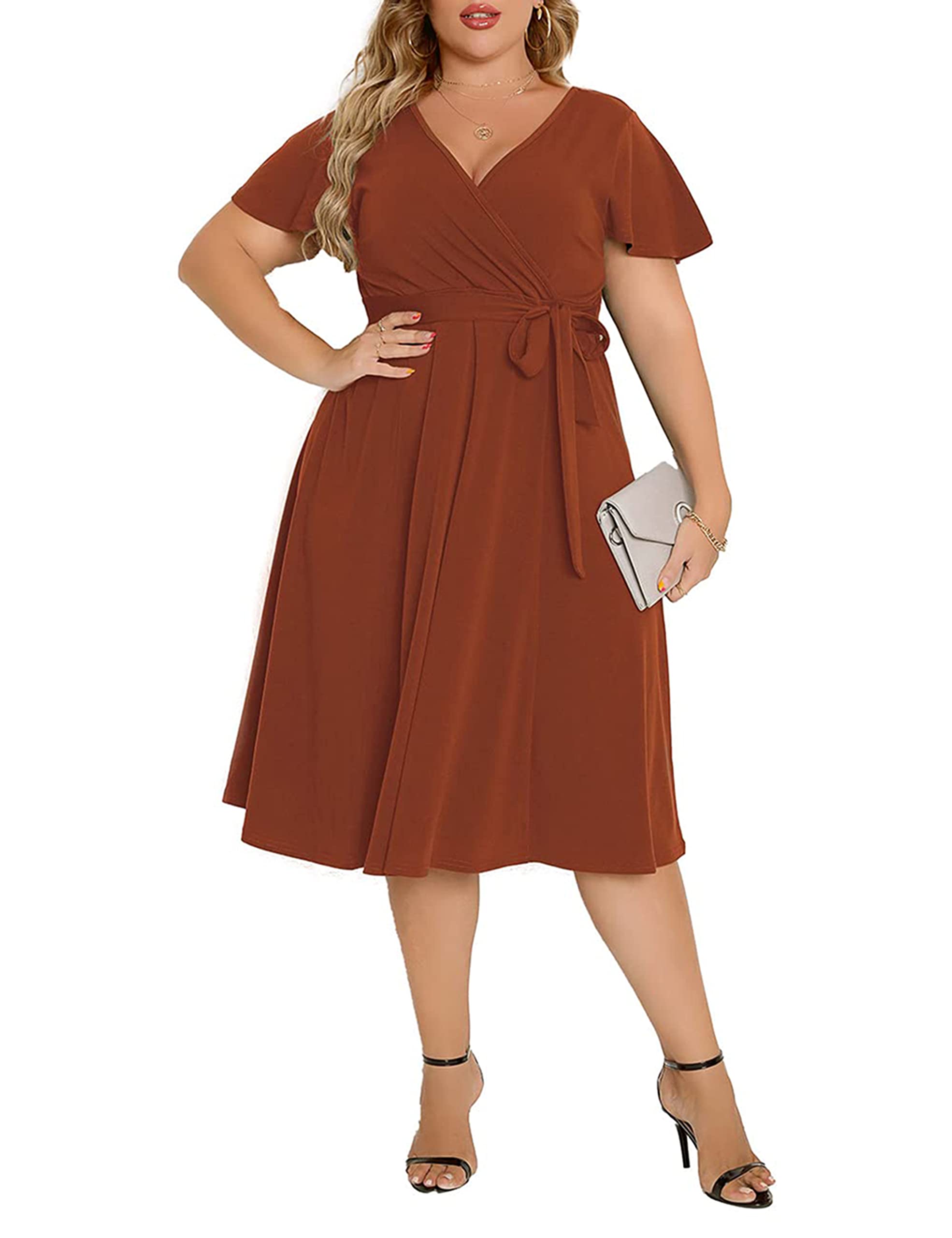 AgmibrelrWomen's Plus Size Flutter Sleeve Dress Deep V Neck A-Line Swing Midi Dresses