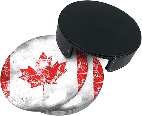 Miniatura 4 de Drink Coasters Set of 6, Retro Canada Flag Printed PU Leather Round Coaster with Holder for Outdoor, Office, Bar, Funny Heat-Resistant Home Desk
