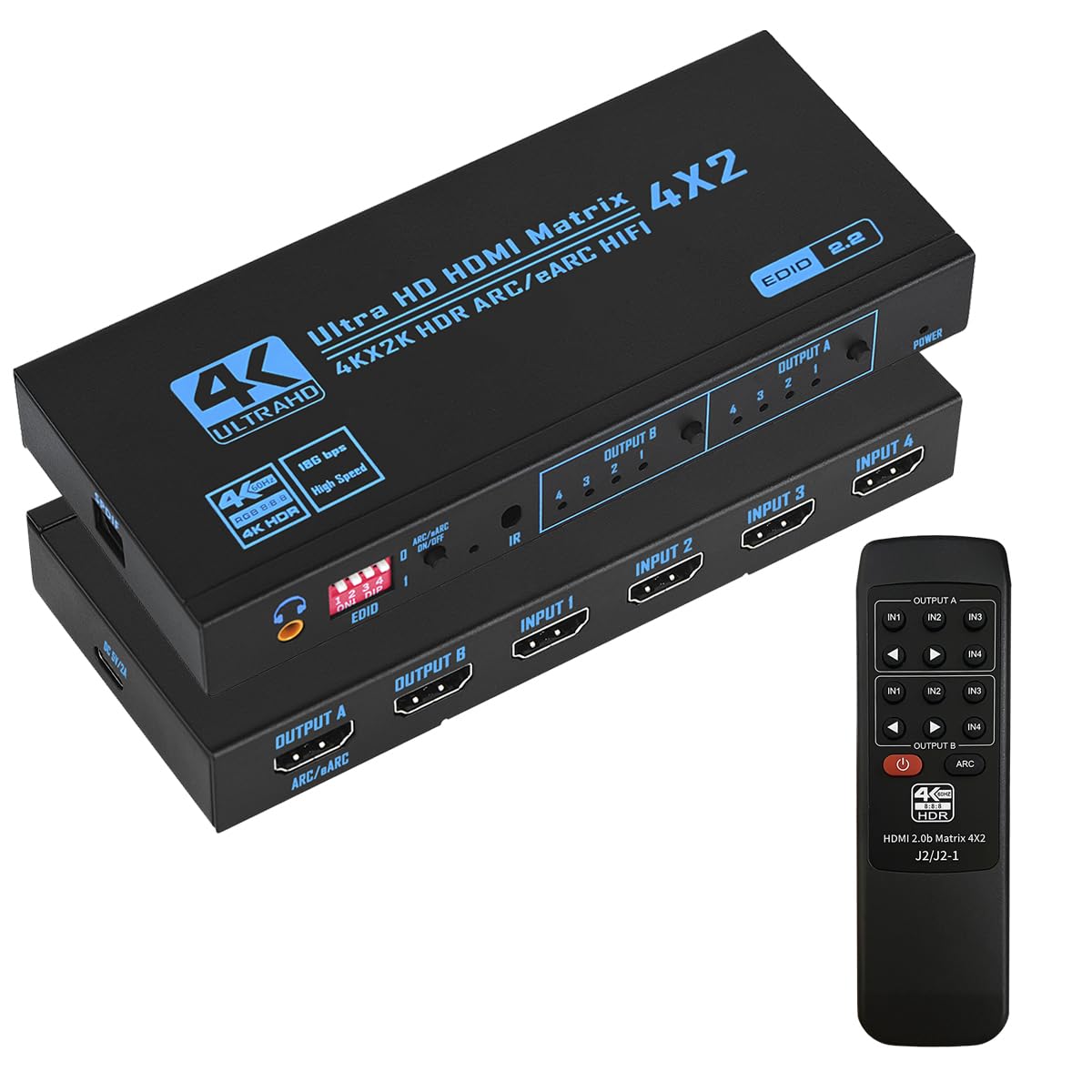 Amazon | HDMIマトリックス 4入力2出力 HDMI 2.0b、HDCP 2.2、HDR10