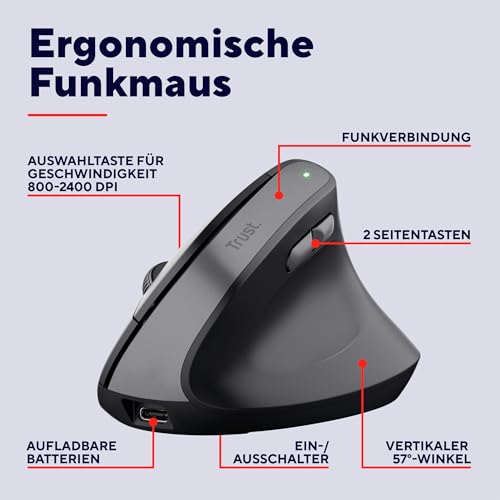 Trust Yuno Wiederaufladbare Vertikale Maus, Kabellose Ergonomische Maus 2.4GHz, Vorbeugung Gegen Mausarm/Tennisarm (RSI Syndrom), 800-2400 DPI, 70% Recyclingkunststoff, PC, Laptop, Mac - Schwarz – Bild 3