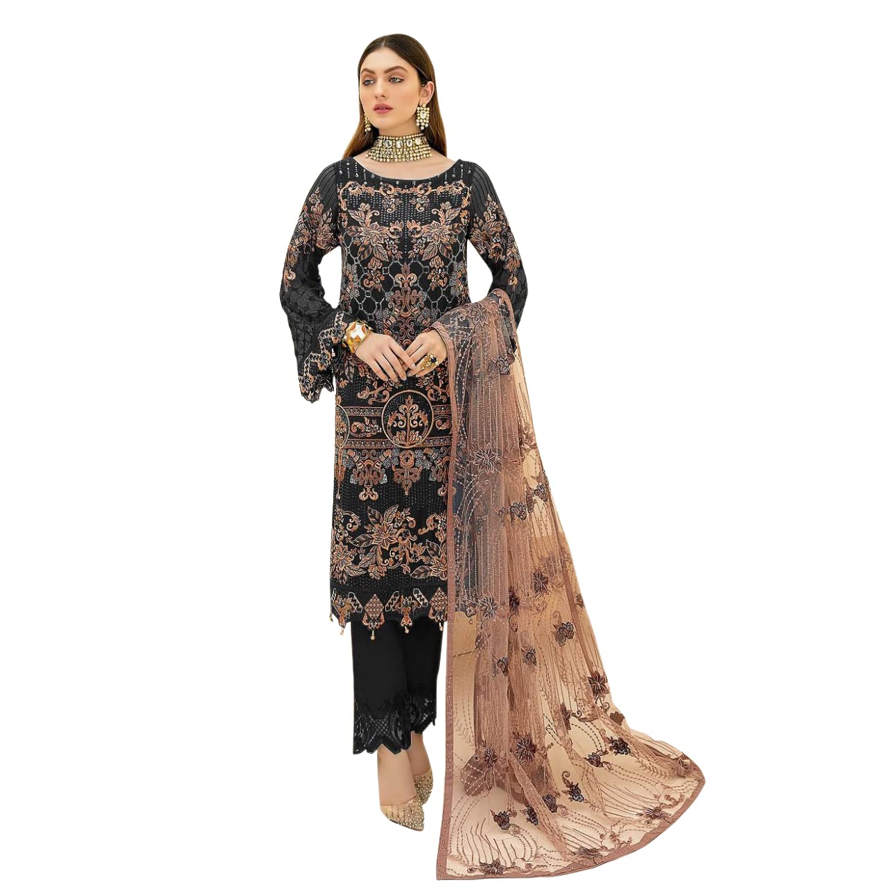 Miss EthnikWomen's Faux Georgette Semi Stitched Top With Unstitched Santoon Bottom and Net Dupatta Embroidered Straight Top Dress Material (Pakistani Salwar Suit)