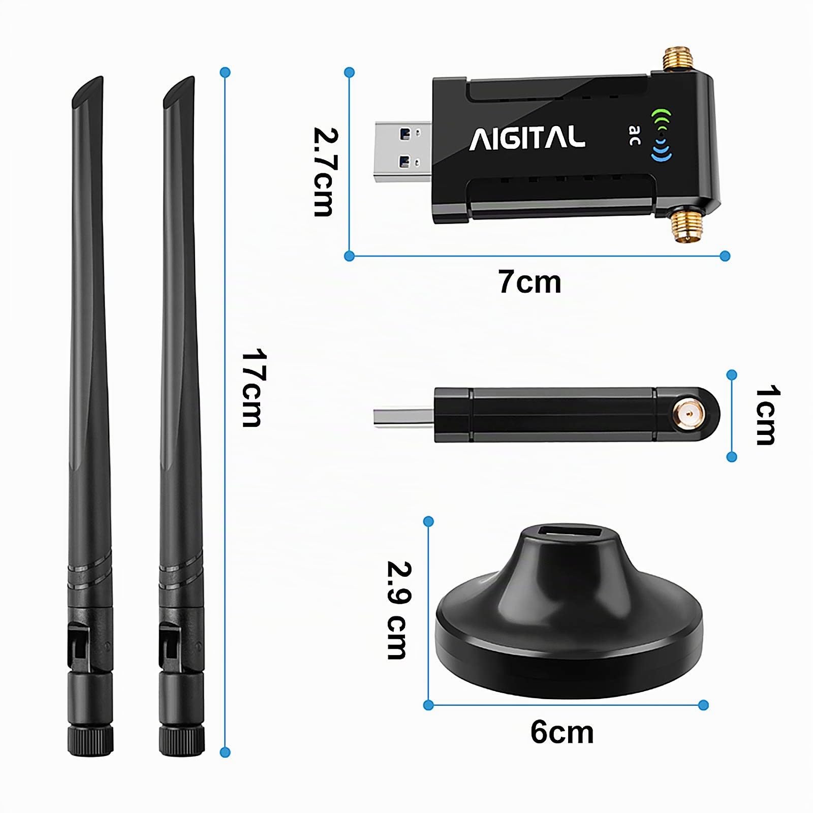 Clé WiFi AC1200Mbps, Dongle WiFi, WiFi USB, Adaptateur USB WiFi puissante avec Un Socle USB 3.0 et Un Câble d'Extension de 65cm Garantie 2 Ans, Compatible avec Windows 10/8.1/8/7 et macOS pour PC