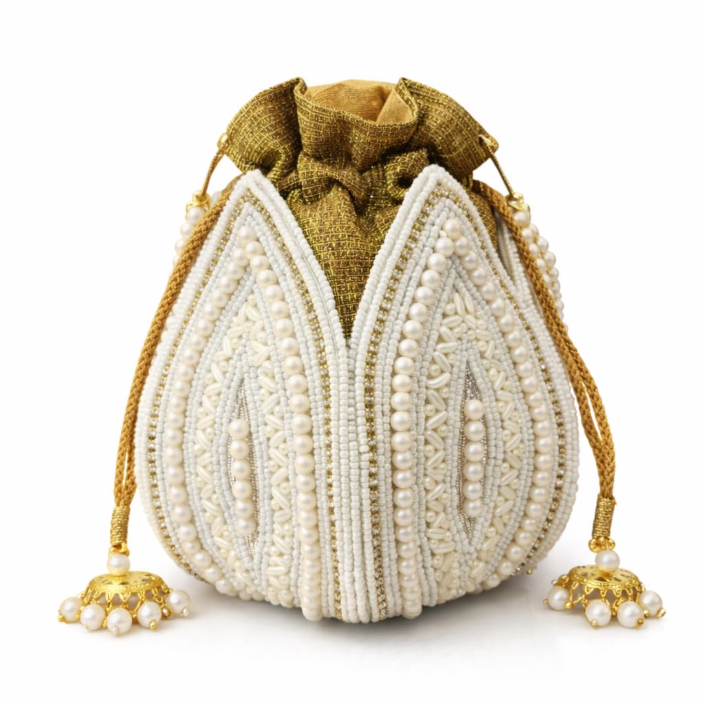 Lotus Pearl Potli Purse for Women, Bridal Ethnic Batua Bag, White Gold Beaded Drawstring Potli Handbag, Indian Potli Purse for Bride, Small Fancy Potli for Saree Lehenga-picture-36