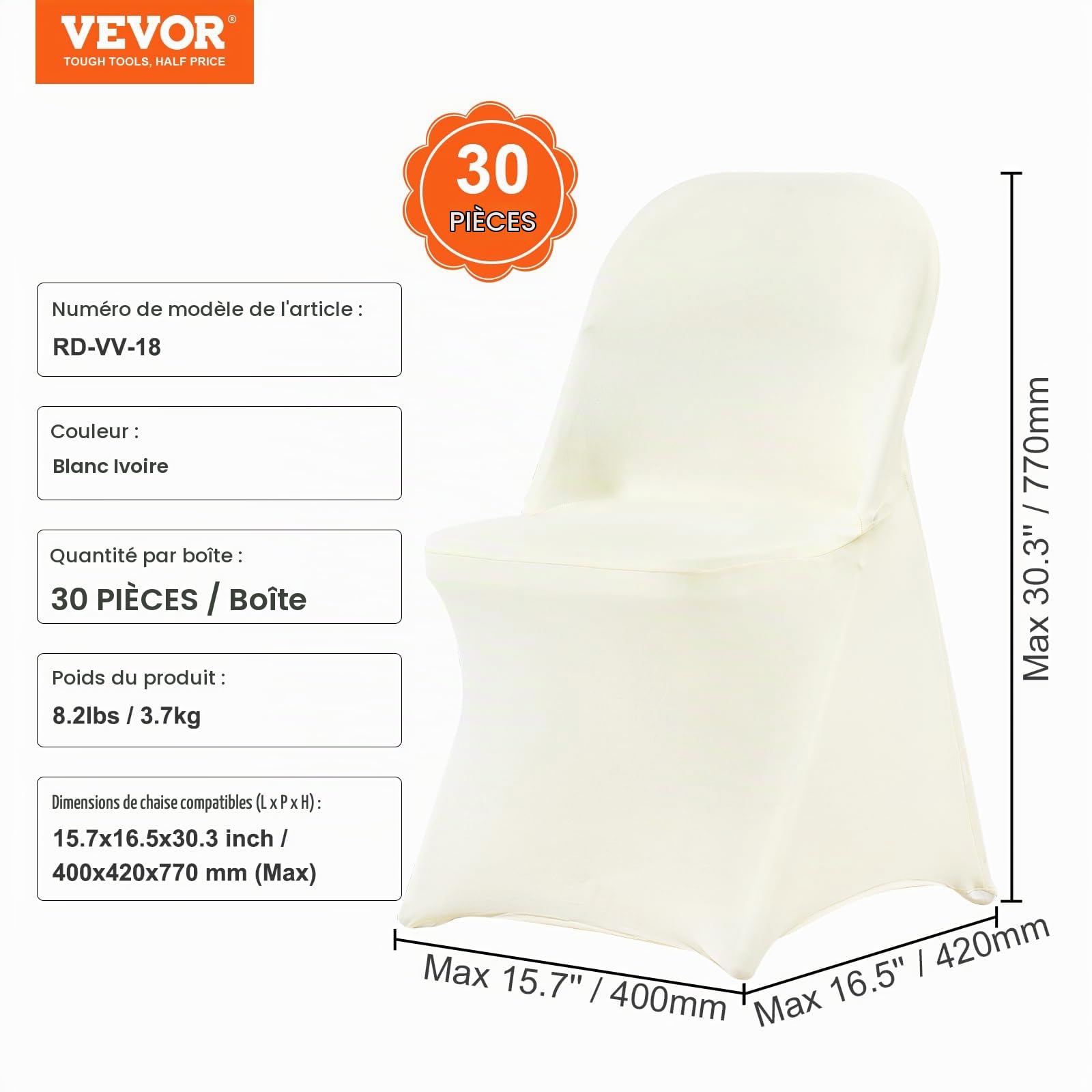VEVOR Housses de Chaise Pliantes en élasthanne Extensible, Blanc Ivoire, Housses de Protection Universelle, Amovibles et lavables, pour Mariage, Vacances, Banquet, célébration, Salle à Manger, 30 pcs