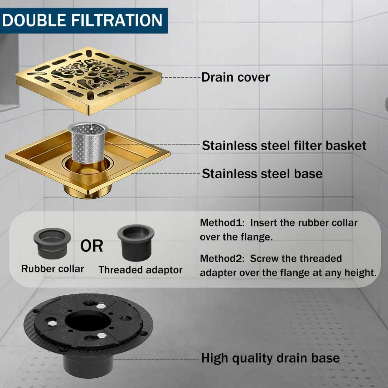 4 Inch Shower Drain, Square Shower Floor Drain Kit with Flange and Removable Cover Grate, AISI 304 Stainless Steel, Brushed Gold — view 8