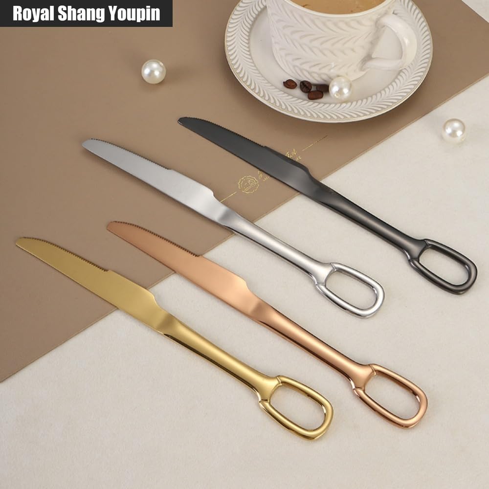 Cuisine Circulaire Trou De Suspension Poignée En Acier Inoxydable Argenterie Vaisselle Couverts Ensemble De Couverts Couteau À Steak Fourchette Cuillère Cuillère À Café (Noir,20 pièces)