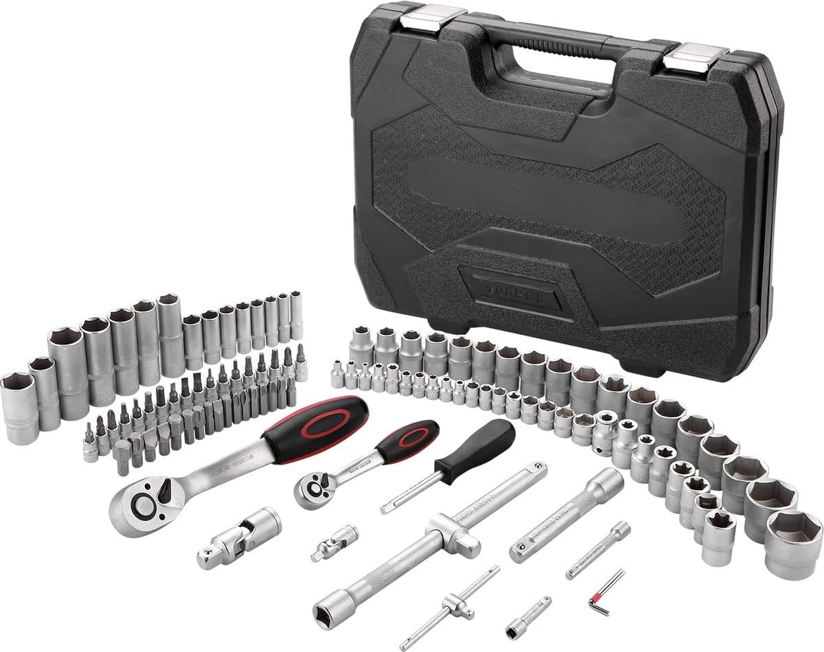 ROYALTY LINE, Set chiavi a bussola da 108 pezzi - Cassetta porta attrezzi in alluminio - Attrezzi per riparazione auto - Valigetta da trasporto - Argento - 38,5 x 28 x 8 cm