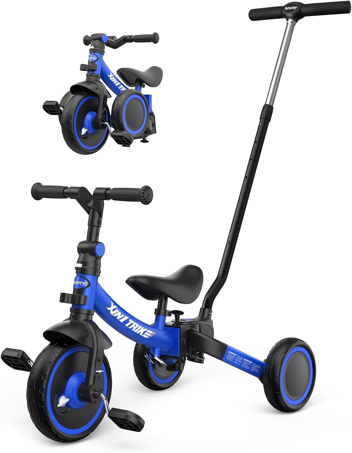 Besrey Triciclo Evolutivo 5-in-1, Bici Senza Pedali 1-5 Anni Blu Navy | Telaio curvo in acciaio al carbonio; sellino regolabile; pedali removibili; ruote piene; uso interno ed esterno