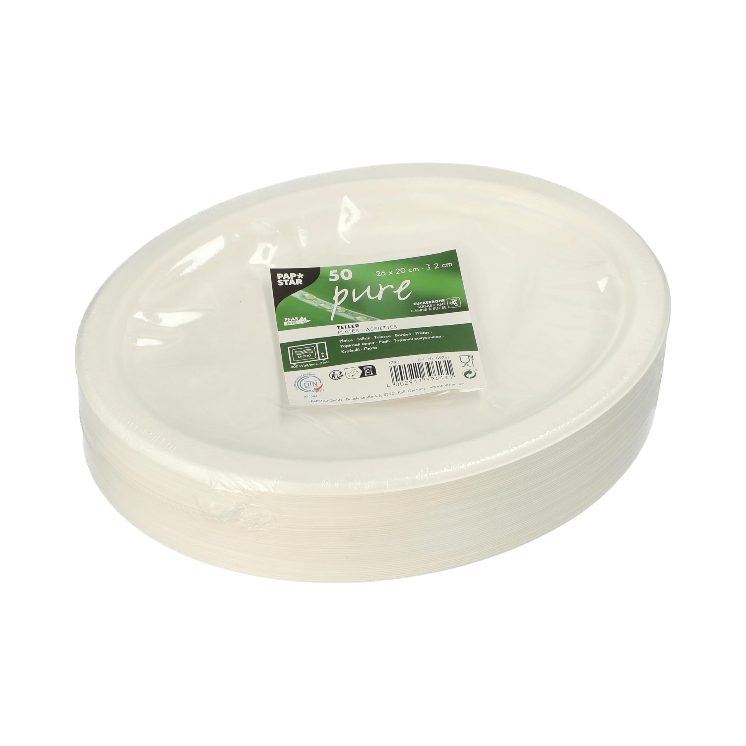 PAPSTAR 50 Plates Sugar Cane Pure Oval 26 cm x 20 cm x 2 cm White
