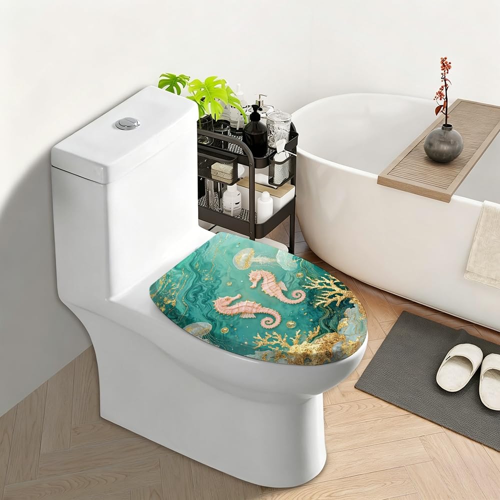 Stile 12 Sedile WC decorativo rotondo per bagno | Design floreale in resina bordeaux disegnato a mano, cerniere silenziose, cerniere a sgancio rapido, facile da installare