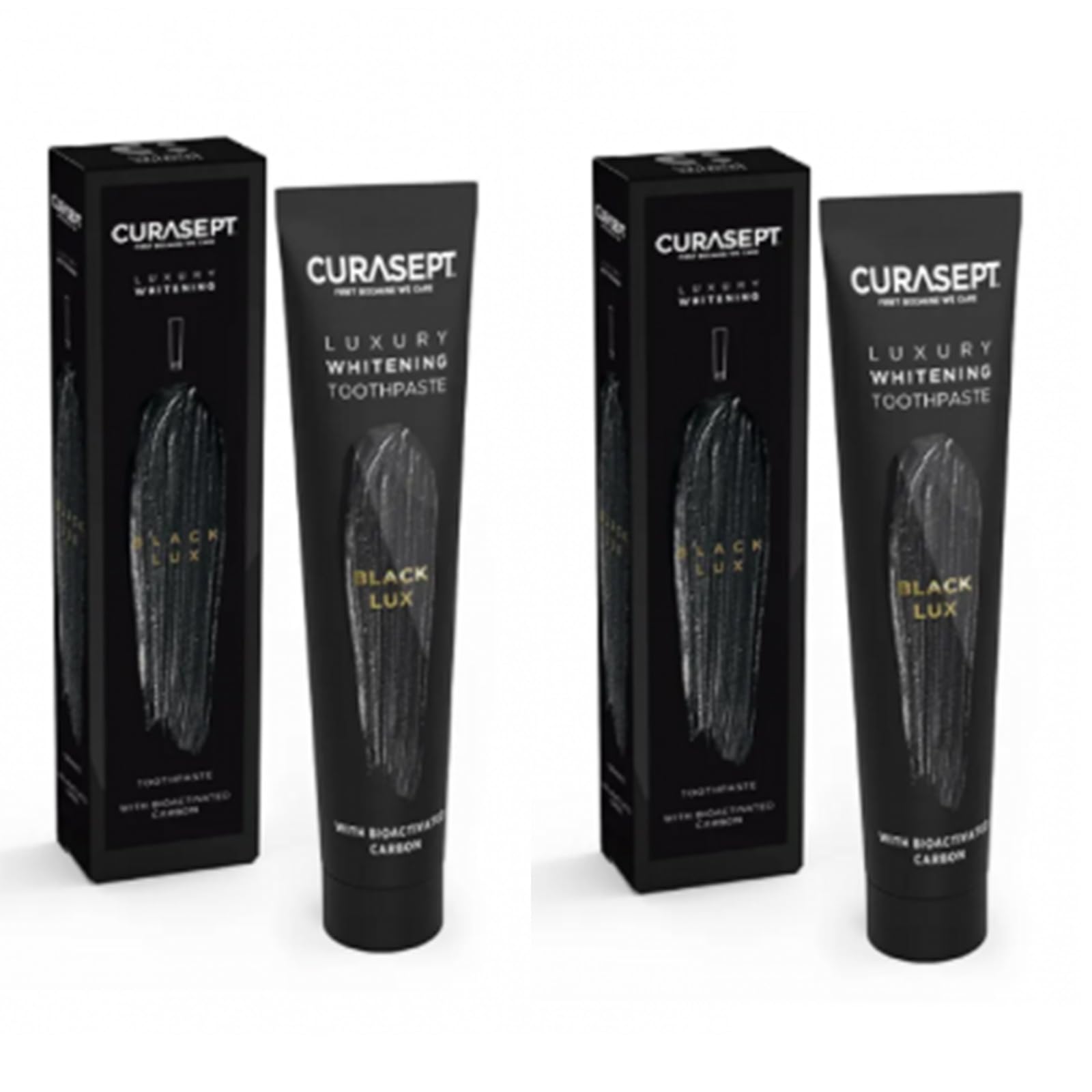 Curasept Luxury Whitening Black – 2 Packungen à 75 ml – mit Aktivkohle und Wasserstoffperoxid – geschützter Nagellack, weißes und strahlendes Lächeln