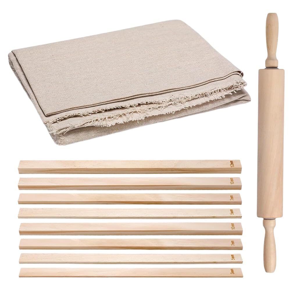CTRLZS Polymer Clay Pottery Tools Set of 12 Includes 1 Wood Rolling Pin, 1 Pottery Wedging Board/Linen Tablecloth