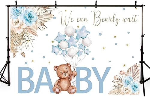 Miniatura 4 de Telón de fondo para baby shower de oso de 7 x 5 pies para niño, We Can Bearly Wait to Meet You, azul, bohemio, floral, globo de pampas, confeti,