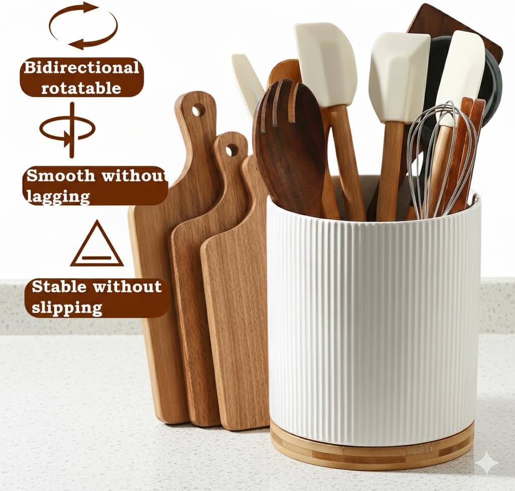 Utensil Holder, 360° Rotating Extra Large Ceramic Kitchen Utensil Holder for Countertop 7.3“ Cooking Utensil Crocks for Kitchen Counter with Rotatable Wooden Base, Farmhouse Decor, White