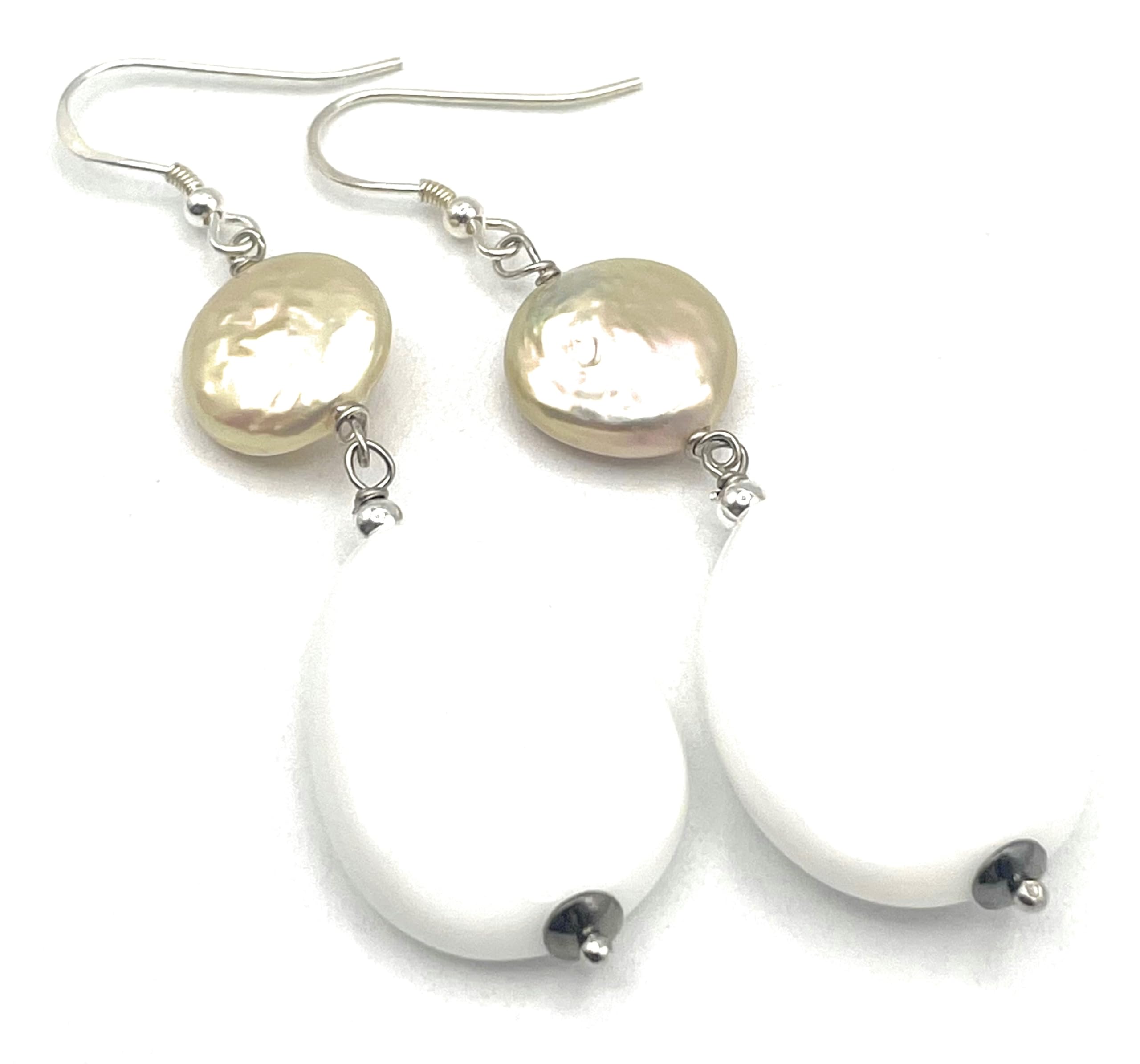 Orecchini con Agata Bianca e Perle Rosa, Pendenti Lunghi, Argento 925, Gioielli Pietre Dure, Bijoux Estate, Regalo Compleanno per Donne