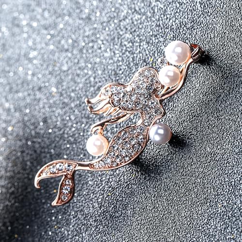 Image of Elegant Mermaid Fish Lapel Brooch Pin Cubic Zirconia Rhinestone Faux Pearl Ocean Sea Animal Pins Clip Shawl Sweater Scarves Badges Brooches Pins Dainty Jewelry Gifts for Women Girls Clothes Accessories