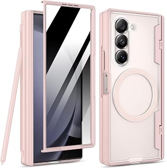 Magnetic for Samsung Galaxy Z Fold 5 Privacy Case,Z Fold5 Phone Case with [Hinge Protection][S Pen Holder][Anti Spy Screen Protector],Frosted Protective Slim Cover for Samsung Fold Z 5,Pink