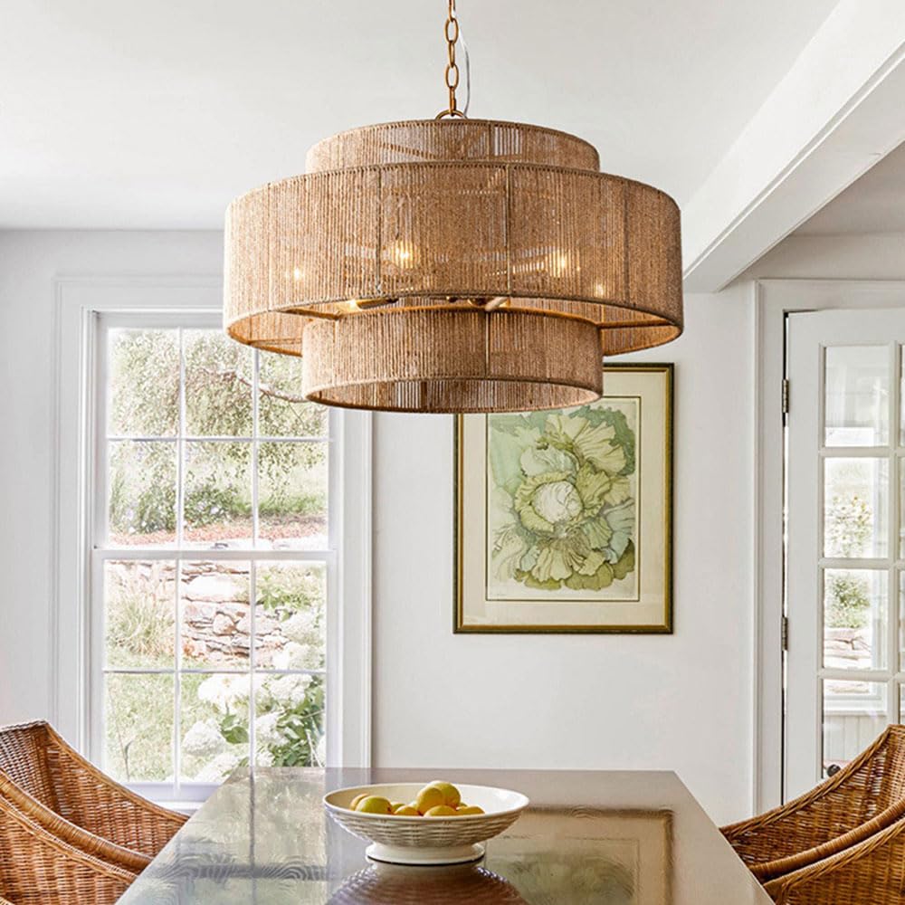 Rustic Rattan Pendant Light, 1 Lamp Farmhouse Hemp Rope Hanging