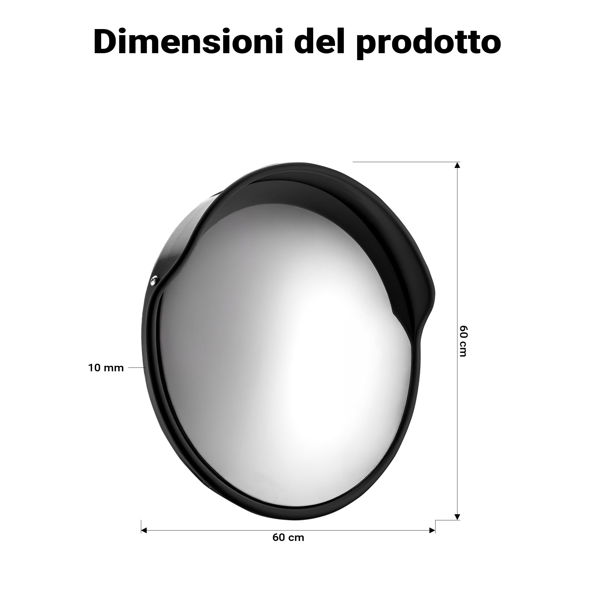 Wiltec Specchio stradale convesso 60 cm con bordo di protezione nero, specchio parabolico rotondo con campo visivo di 130°, per manovre all'esterno, materiale di montaggio incluso