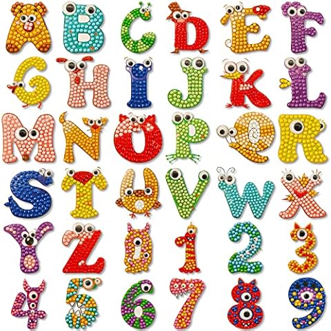 OMDBAGD 36pcs 5D Letter Numbers Diamond Painting Stickers Kits Diamond Art Alphabet Sticker Craft with Gem Tool for Children's DIY Handicraft, Fun Game Kids for Diamonds by Numbers Art Craft Cover