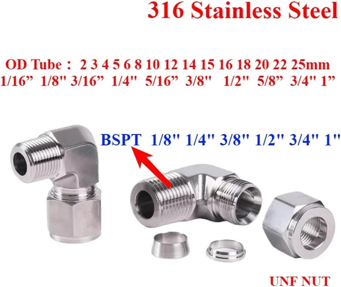 1PCS Tube-OD x BSPT-Male 1l8 1/4" 3/8" 1/2" 3/4" 1" Male 1/8"-1" 2-25mm Tube Compression Union 316L Stainless Pipe Fitting Connector(9.52mm 3l8 Inch)