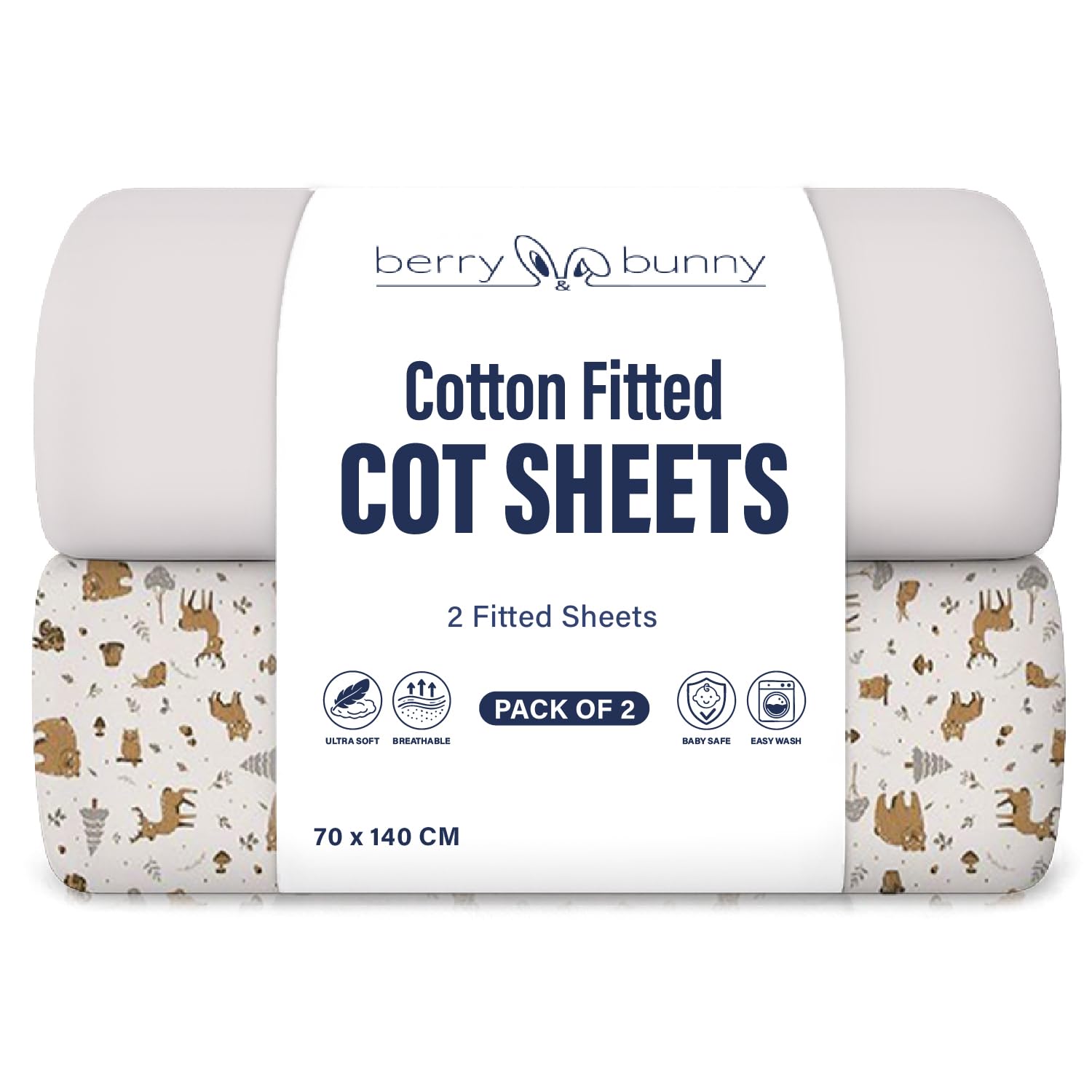 Berry & Bunny Gray, Animal Berry And Bunny 100% Cotton Cot Bed Sheets Pack Of 2, Soft Breathable Elasticated Baby Cot Fitted Sheets 140 X 70Cm, Deep Fit Mattress Protector Cover, Toddler Bedding All Seasons