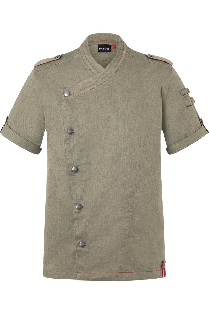 Karlowsky Kurzarm Herrenkochjacke Denim-Style Stage2 Druckknöpfe Polyester/Baumwollmix OEKO-TEX pflegeleicht vintage moss green