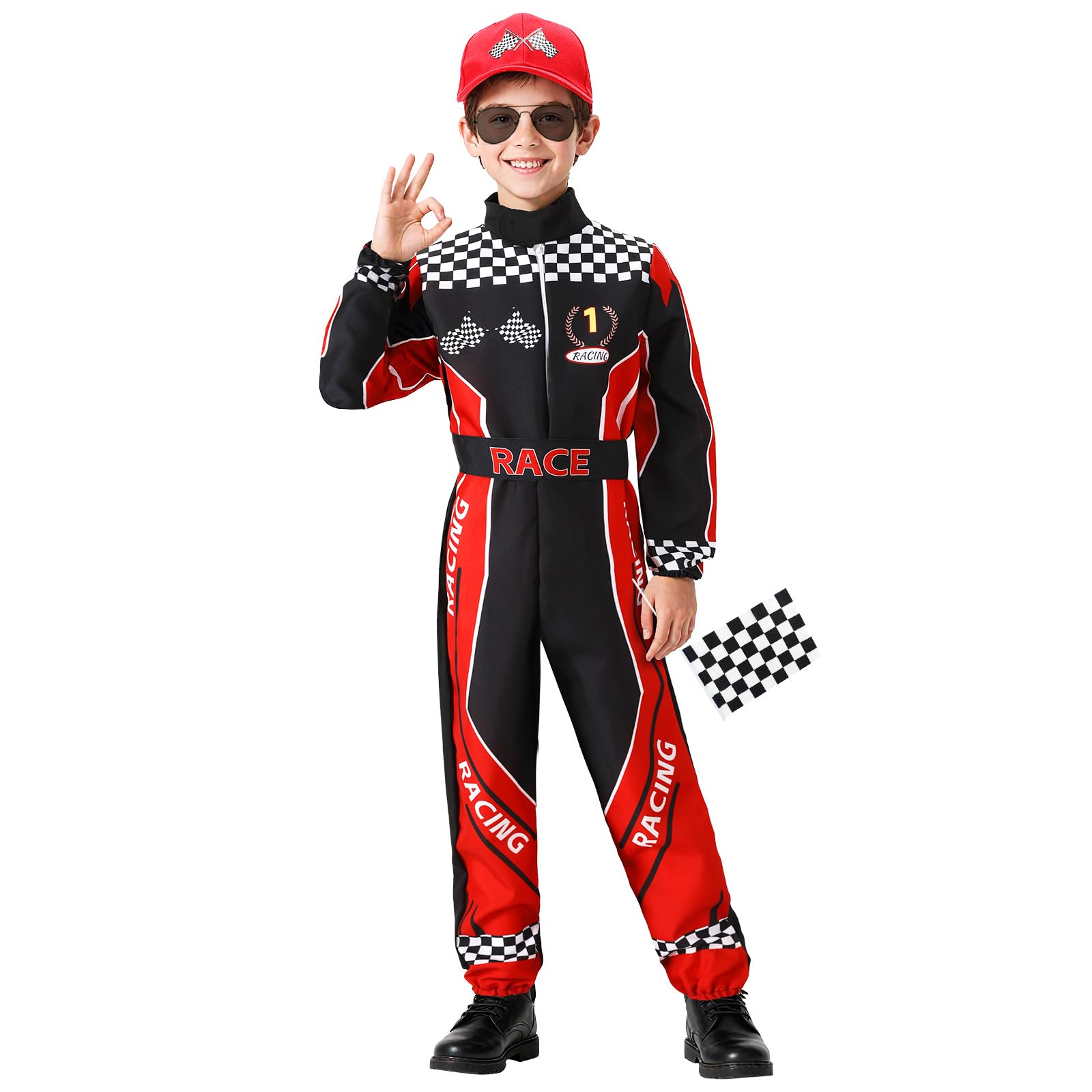 Skknuny Race Car Driver Costume Boys Racer Jumpsuit With Car Cap Kids Dress Up for Halloween (L), Red - Image 2