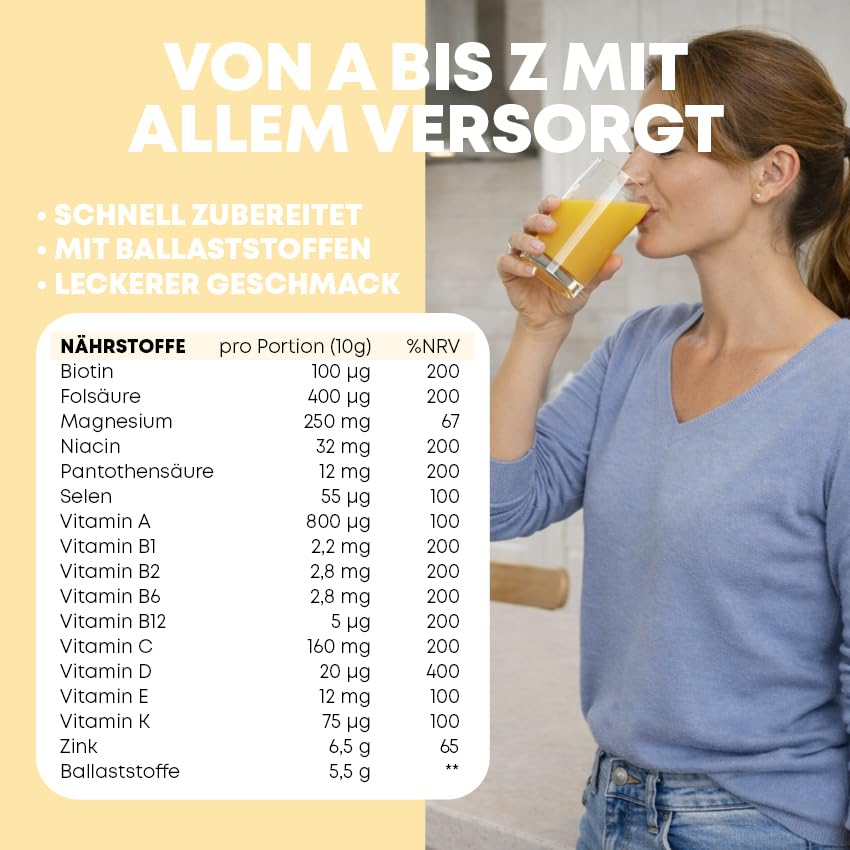 Multivitamin A-Z & Mikronährstoffe Trinkpulver (30 Portionen - Tropical Flavor) Daily Vitamins Pulver mit Vitamin A, C, D3, E, K2, B1, B2, B5, B6, B12, Magnesium, Immunsystem stärken