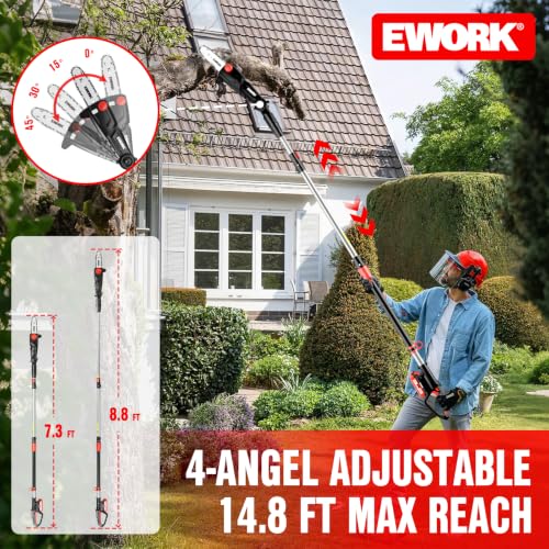 Image of EWORK Electric Pole Saws for Tree Trimming 20V 8-Inch Cordless Pole Chainsaw, Extension to 14.8-Ft, 4-Angle Adjustable Head, Tool-Free Tensioning with 2x2.0Ah Battery & Fast Charger
