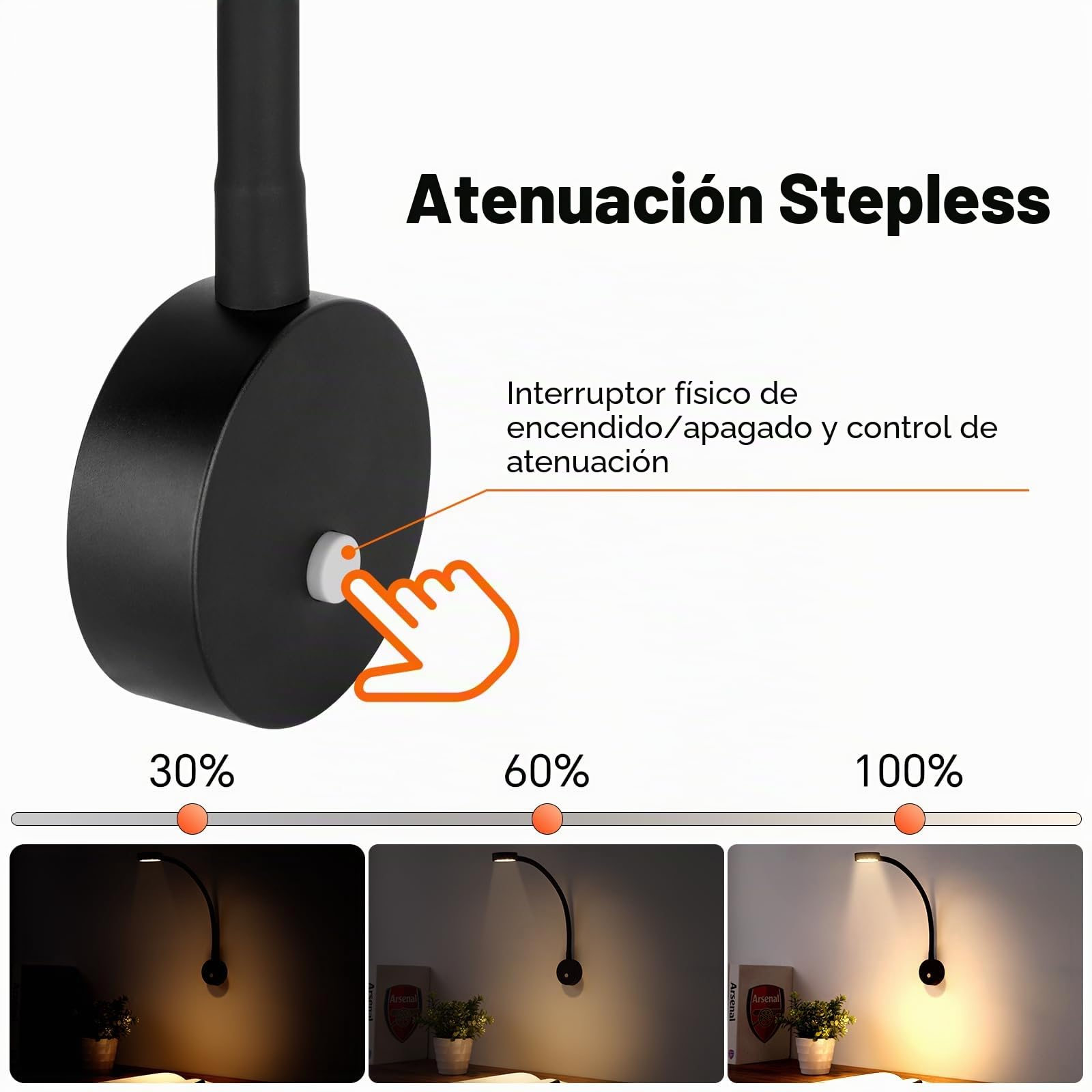 Lámpara de lectura LED 12V Regulable para Autocaravana Furgo Barco Van, Equipado Cargador USB& Luz Nocturna Roja 254lm 24VDC Flexible Cuello de Cisne Junto a la Cama de Pared Luz de Lectura