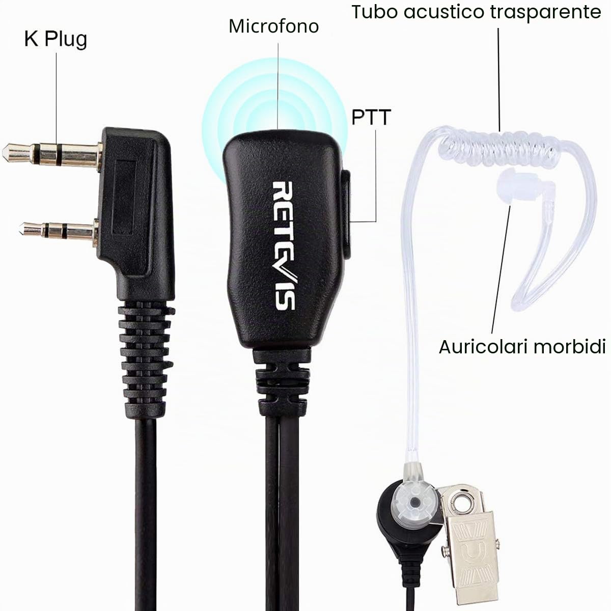 Retevis Auricolare Walkie Talkie 2 Pin Walkie Talkie Cuffie Compatibile RT24 RT618 RT27 RT622 ESYNiC Nestling Baofeng BF-888S Kenwood Auricolare Radio Bidirezionale (5 Pezzi)