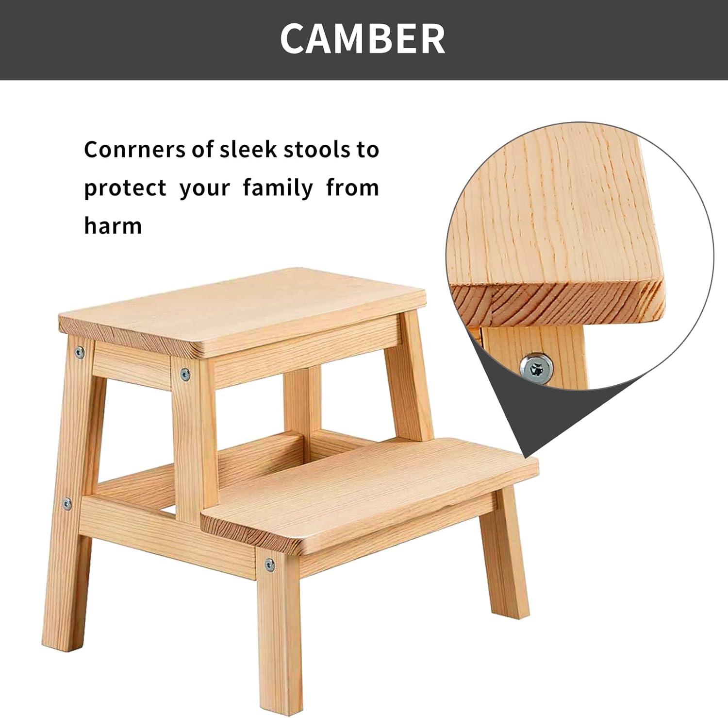 HOUCHICS Wooden Step Stool for Adults Kids, Solid Wood Bed Step Stool, Multi-Purpose 2-Step Stool for Kitchen, Bed, Bathroom with 260lb Load Capacity