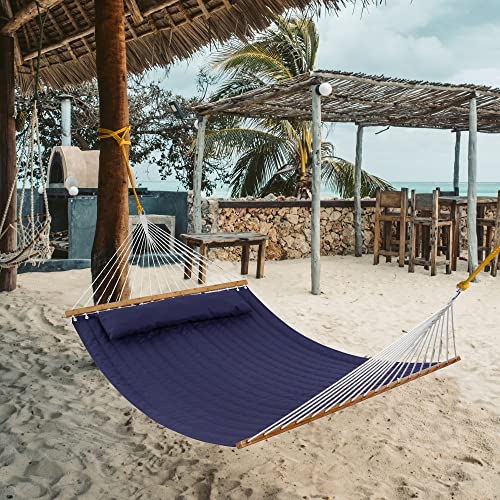Lxoohy 12 Ft Quilted Patio Double Hammock With Pillow, Outdoor 2 Person Hammock With Chains And Hooks Outdoor & Indoor 440Lbs Capacity Spreader Bar Hammock, Dark Blue #TOP4
