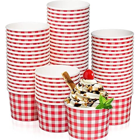 9 Oz Paper Ice Cream Cups Picnic Themed Disposable Dessert Bowls Checkered Plaid Paper Snack Cups Paper Soup Cup Gingham Cups for Hot or Cold Food Party Supplies (Red, 100) Cover
