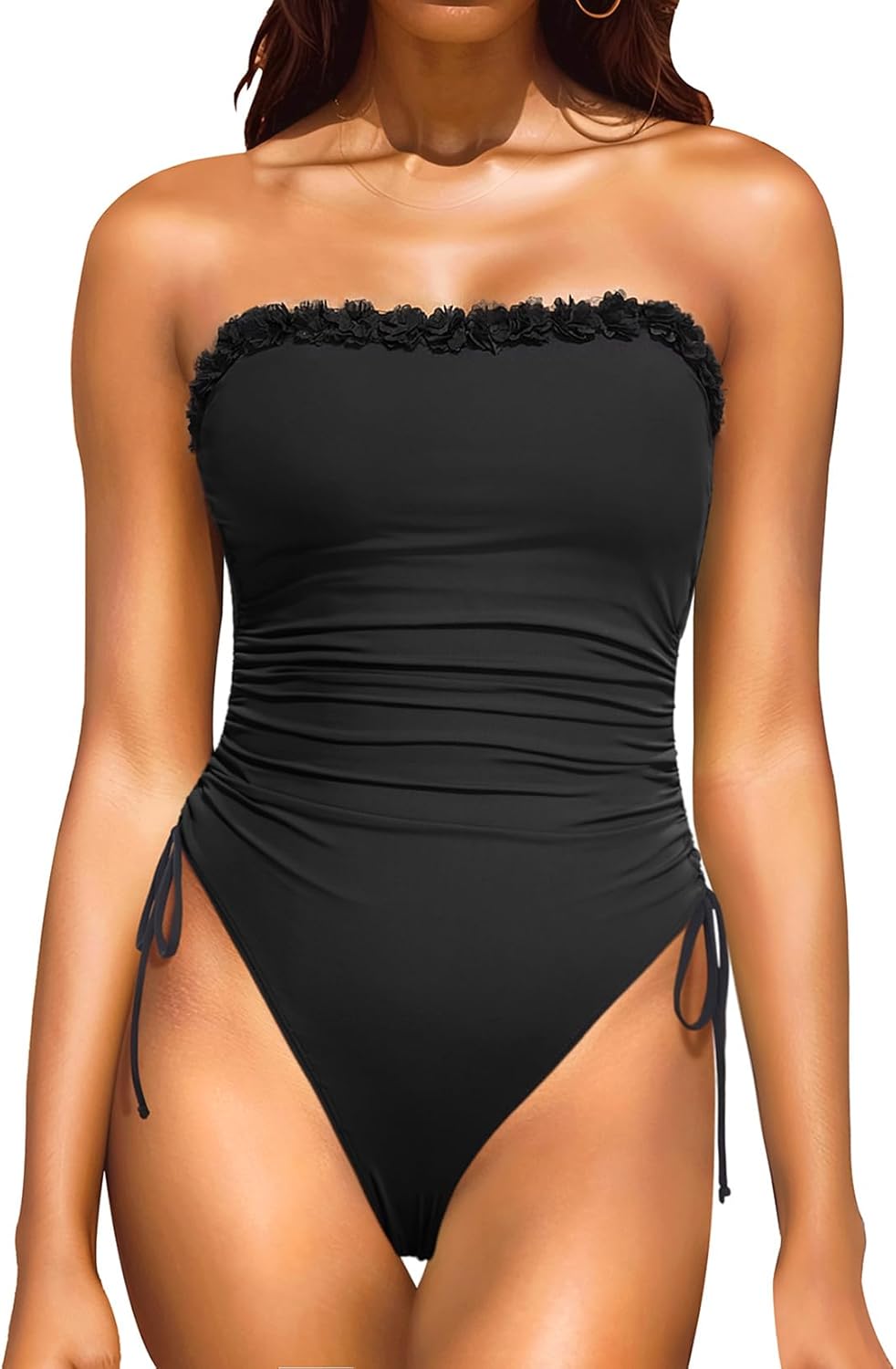 Yonique Women Strapless One Piece Swimsuit Tummy Control Bandeau Bathing Suit Cheeky Swimwear