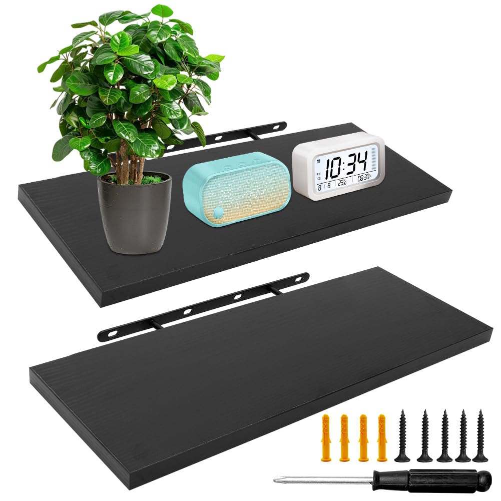 MIUUIPI Wandregal, 2er-Set Schweberegal, 40cm Regal Wand, Wandboard, Wandregalen Holz Hängeregale zur Wandaufbewahrung, Bücherregal Wand Gewürzregal, Wanddeko Wohnzimmer, Küche, Büro, Schwarz