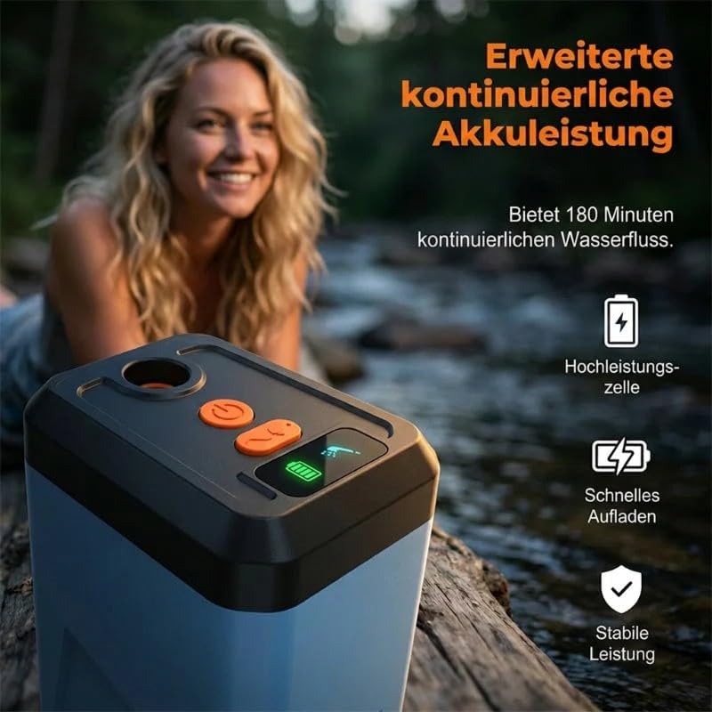 Portable Electric Shower for Camping and Homes - Turbo Water Pump, 3 Flow Spray Modes, Up to 180 Mins Use, LED Battery Display, 2M Explosion-Proof Hose for Camping RV Pet Washing Home