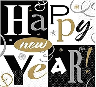 amscan Elegant New Year Block Party Luncheon Napkins Tableware, Black/Silver/Gold, Paper, 6.5