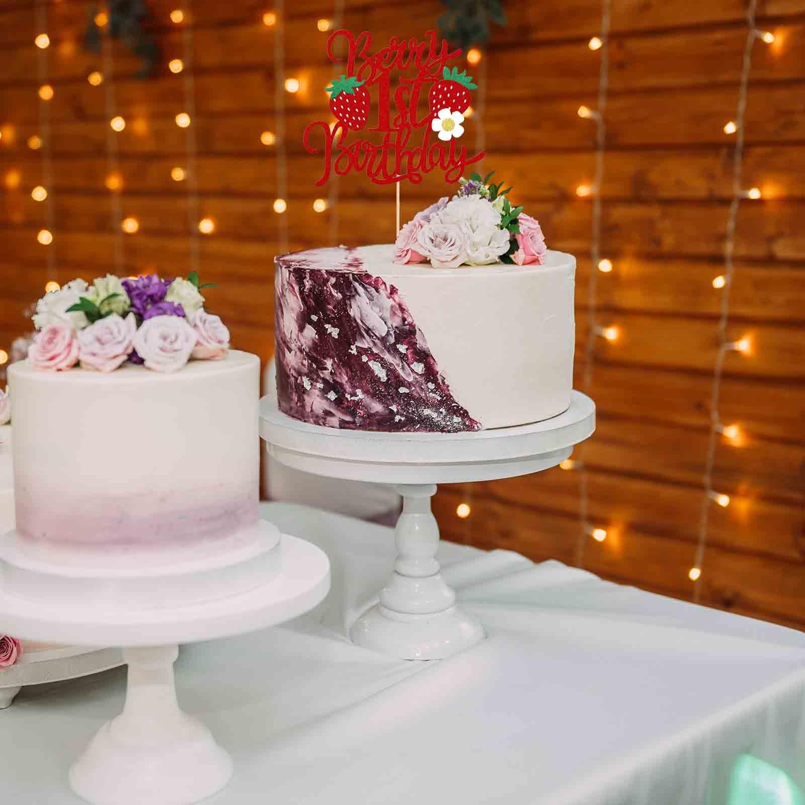 Strawberry 1st Birthday Cake Topper - Glitter & Flower Design, Fruit Theme Baby Shower Decor, Single Pick - View #9